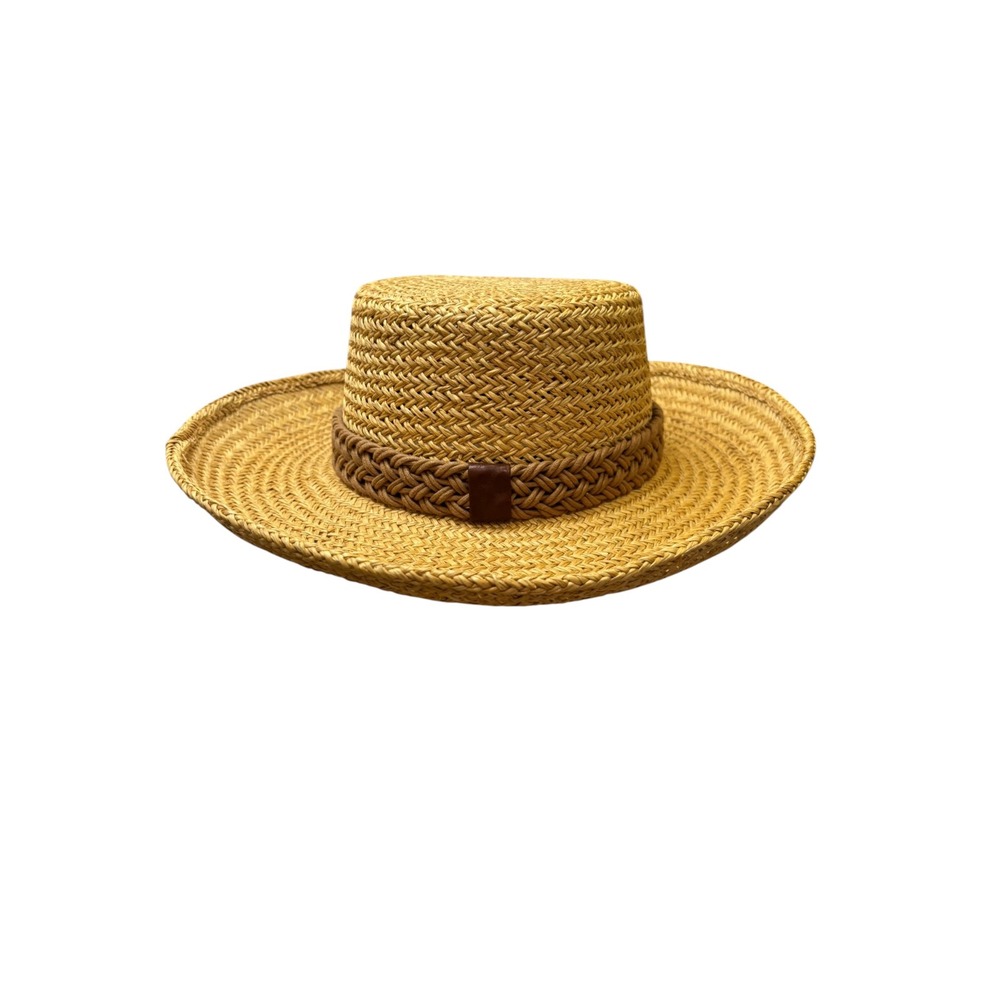 Vintage David Straw Boater Hat Tan Braided Band Wide Brim Sun Hat